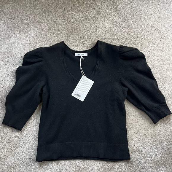 Frame 100% Cashmere Puffed Sleeve Sweater, V Neck - Picture 3 of 9